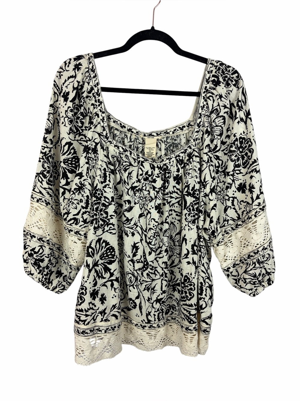 Christian Siriano Boho Blouse Black White Floral Lace Trim Peasant Top Size 2X